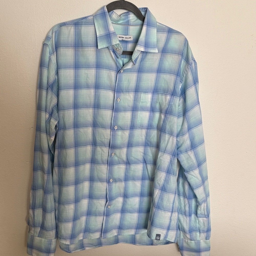 Peter Millar L Light Blue Checkered Shirt 100% cotton super soft like new cond